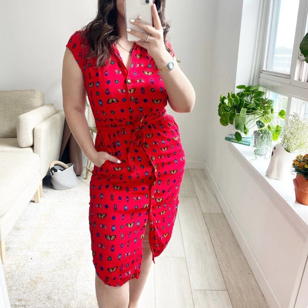 Anthropologie 31 of 52 Conversations Red Bug Button Up Dress Size 6